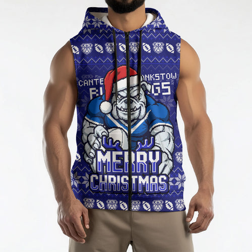 Personalized Canterbury Bulldogs Christmas Sleeveless Zip Hoodie Australian Rugby Fans - Pixelated Ugly Xmas Pattern Mascot Santa