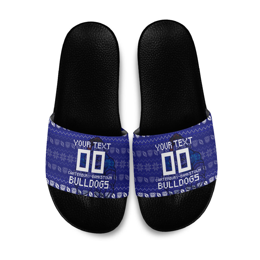 Personalized Canterbury Bulldogs Christmas Slide Sandals Australian Rugby Fans - Pixelated Ugly Xmas Pattern Mascot Santa