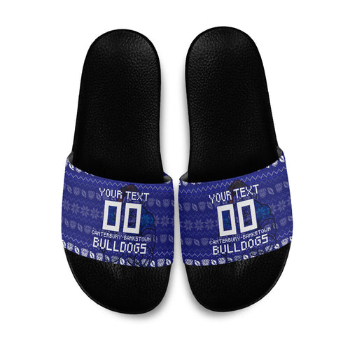 Personalized Canterbury Bulldogs Christmas Slide Sandals Australian Rugby Fans - Pixelated Ugly Xmas Pattern Mascot Santa