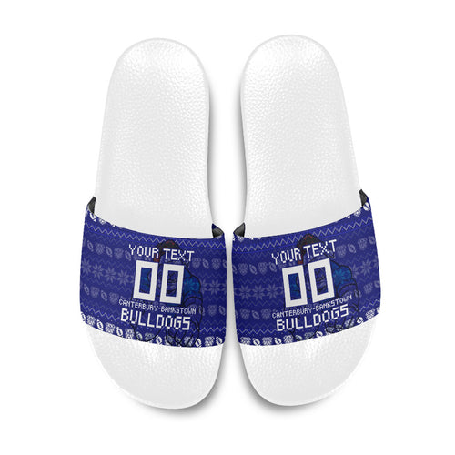 Personalized Canterbury Bulldogs Christmas Slide Sandals Australian Rugby Fans - Pixelated Ugly Xmas Pattern Mascot Santa