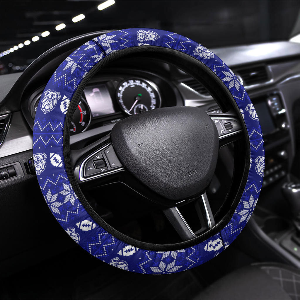 Canterbury Bulldogs Christmas Steering Wheel Cover Australian Rugby Fans - Pixelated Ugly Xmas Pattern Mascot Santa