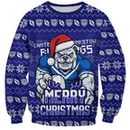 Personalized Canterbury Bulldogs Christmas Sweatshirt Australian Rugby Fans - Pixelated Ugly Xmas Pattern Mascot Santa