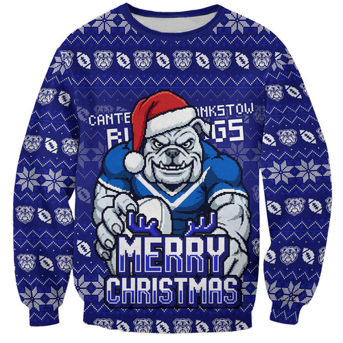 Personalized Canterbury Bulldogs Christmas Sweatshirt Australian Rugby Fans - Pixelated Ugly Xmas Pattern Mascot Santa