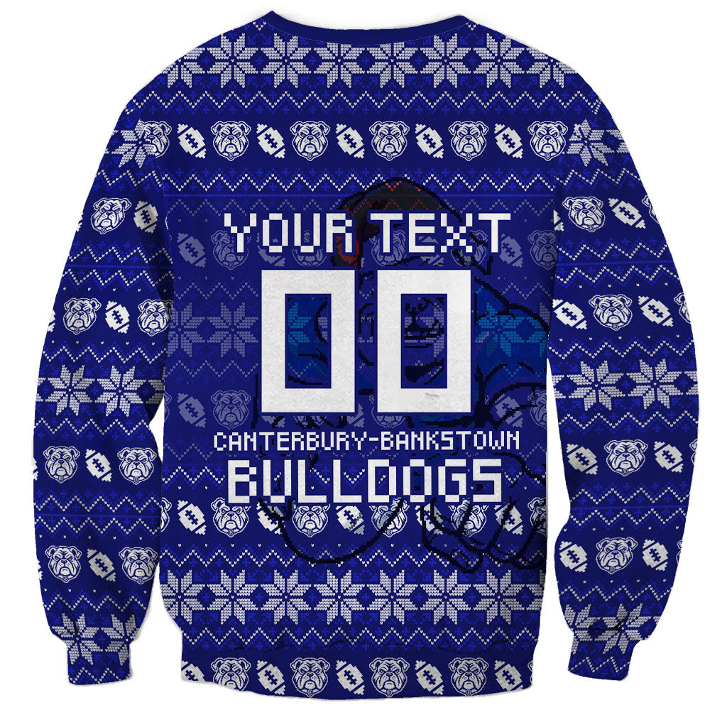 Personalized Canterbury Bulldogs Christmas Sweatshirt Australian Rugby Fans - Pixelated Ugly Xmas Pattern Mascot Santa