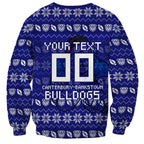 Personalized Canterbury Bulldogs Christmas Sweatshirt Australian Rugby Fans - Pixelated Ugly Xmas Pattern Mascot Santa