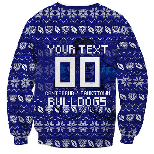 Personalized Canterbury Bulldogs Christmas Sweatshirt Australian Rugby Fans - Pixelated Ugly Xmas Pattern Mascot Santa