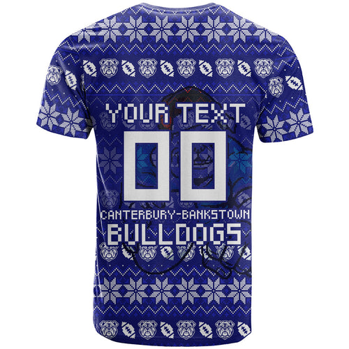 Personalized Canterbury Bulldogs Christmas T Shirt Australian Rugby Fans - Pixelated Ugly Xmas Pattern Mascot Santa