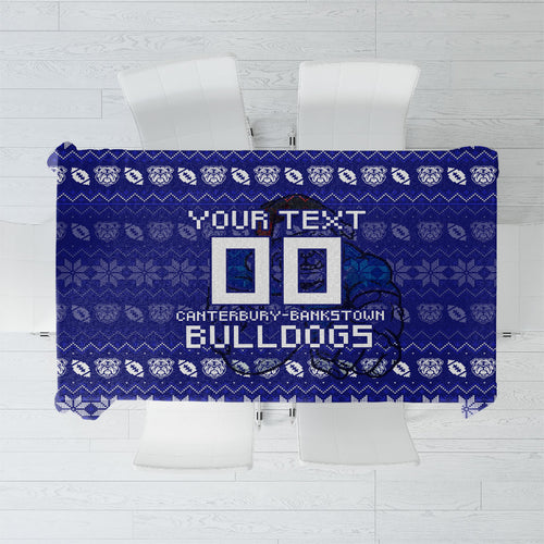 Personalized Canterbury Bulldogs Christmas Tablecloth Australian Rugby Fans - Pixelated Ugly Xmas Pattern Mascot Santa