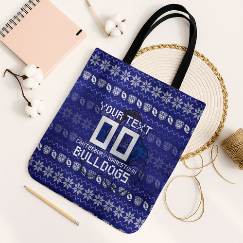 Personalized Canterbury Bulldogs Christmas Tote Bag Australian Rugby Fans - Pixelated Ugly Xmas Pattern Mascot Santa
