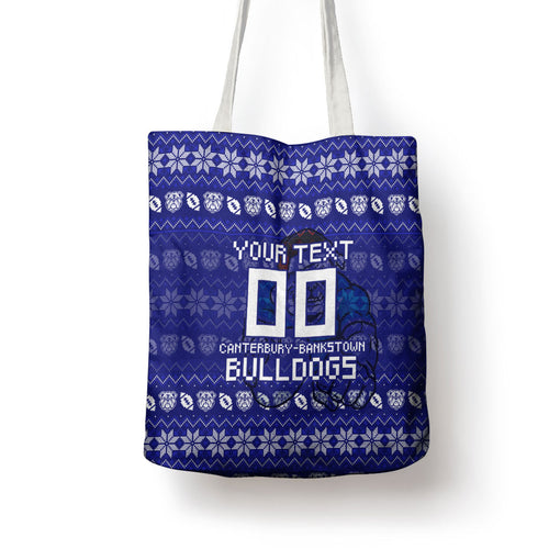 Personalized Canterbury Bulldogs Christmas Tote Bag Australian Rugby Fans - Pixelated Ugly Xmas Pattern Mascot Santa