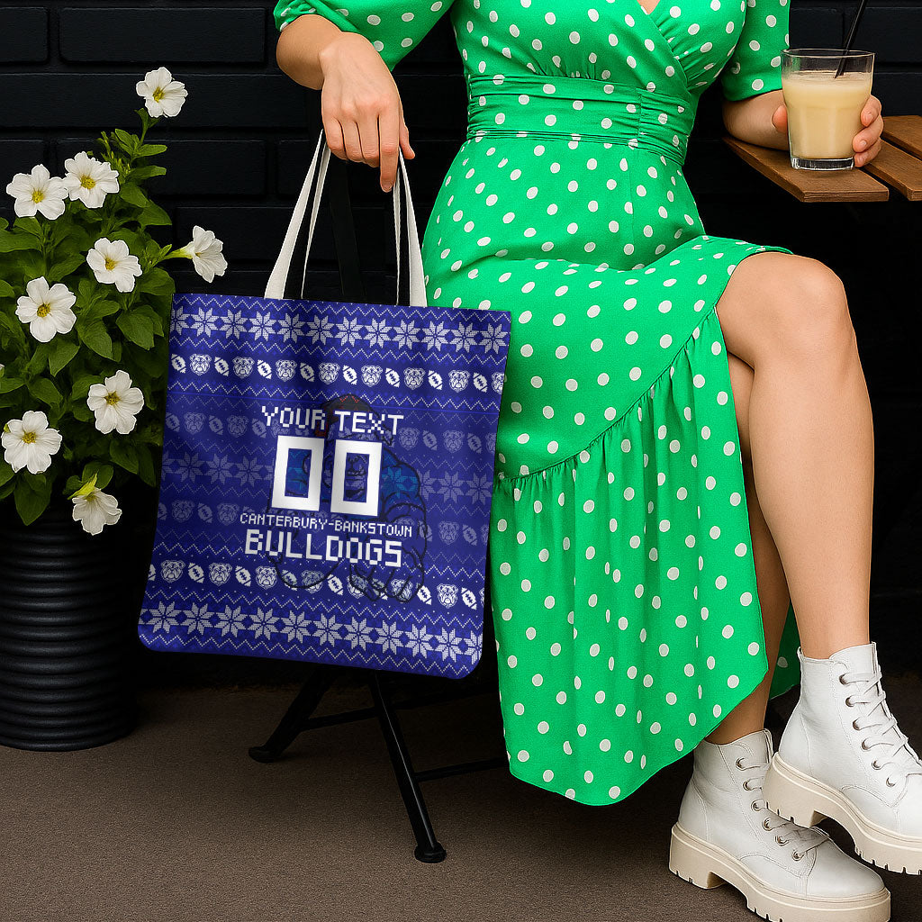 Personalized Canterbury Bulldogs Christmas Tote Bag Australian Rugby Fans - Pixelated Ugly Xmas Pattern Mascot Santa