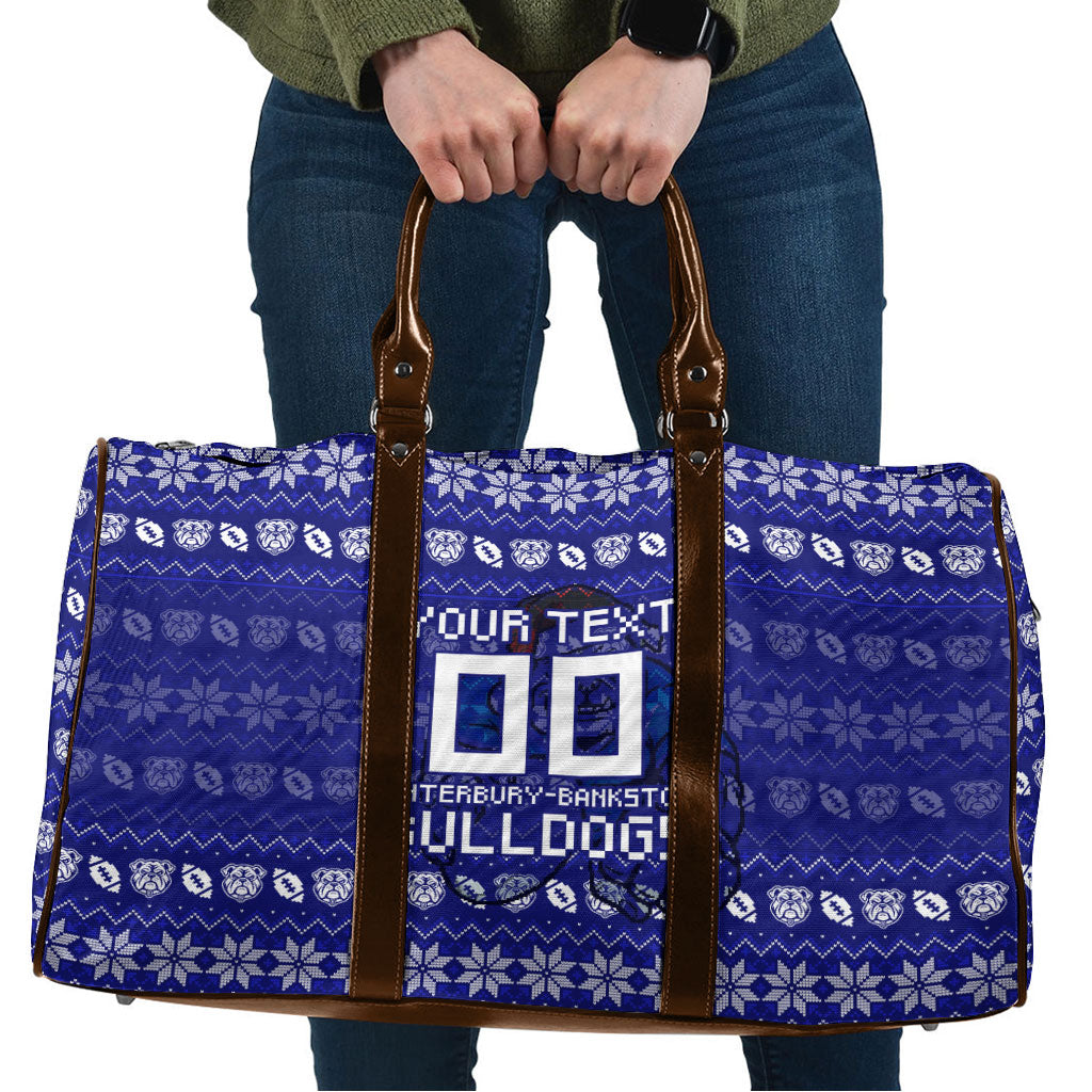 Personalized Canterbury Bulldogs Christmas Travel Bag Australian Rugby Fans - Pixelated Ugly Xmas Pattern Mascot Santa