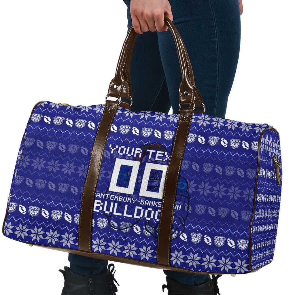 Personalized Canterbury Bulldogs Christmas Travel Bag Australian Rugby Fans - Pixelated Ugly Xmas Pattern Mascot Santa