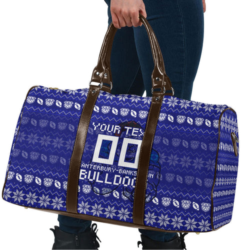 Personalized Canterbury Bulldogs Christmas Travel Bag Australian Rugby Fans - Pixelated Ugly Xmas Pattern Mascot Santa