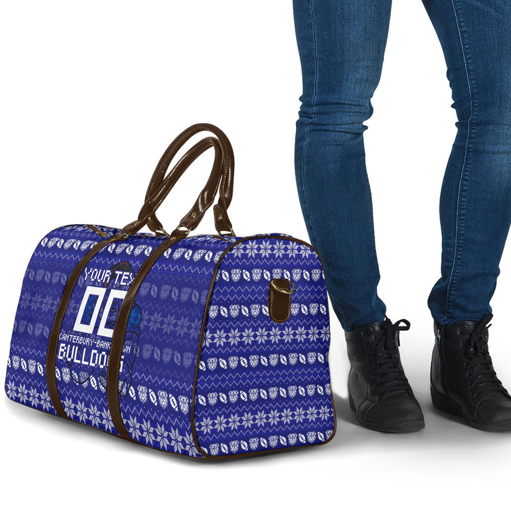 Personalized Canterbury Bulldogs Christmas Travel Bag Australian Rugby Fans - Pixelated Ugly Xmas Pattern Mascot Santa