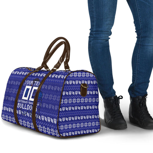 Personalized Canterbury Bulldogs Christmas Travel Bag Australian Rugby Fans - Pixelated Ugly Xmas Pattern Mascot Santa