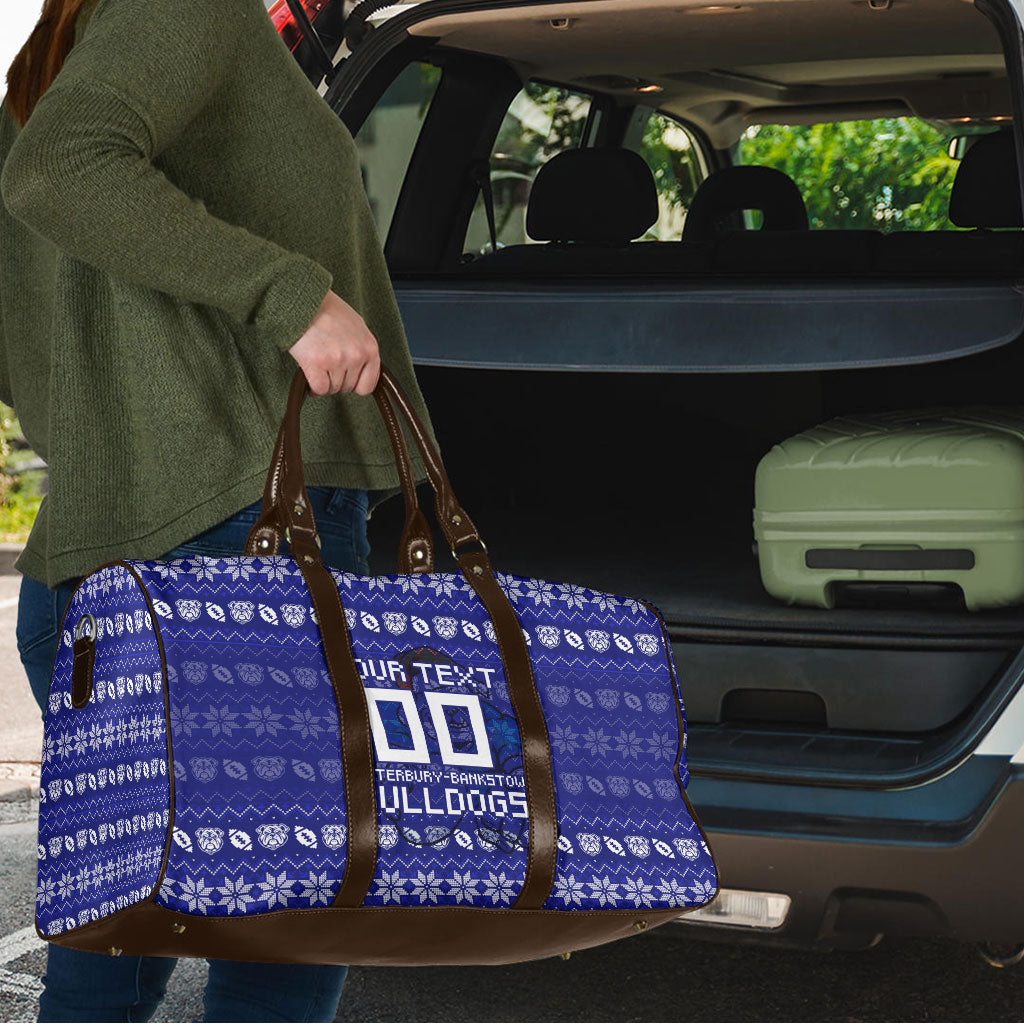 Personalized Canterbury Bulldogs Christmas Travel Bag Australian Rugby Fans - Pixelated Ugly Xmas Pattern Mascot Santa