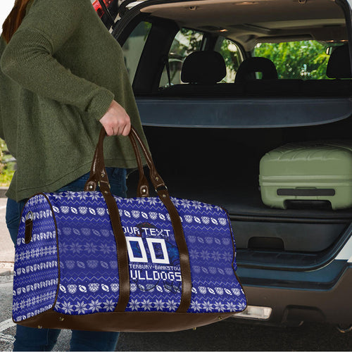 Personalized Canterbury Bulldogs Christmas Travel Bag Australian Rugby Fans - Pixelated Ugly Xmas Pattern Mascot Santa