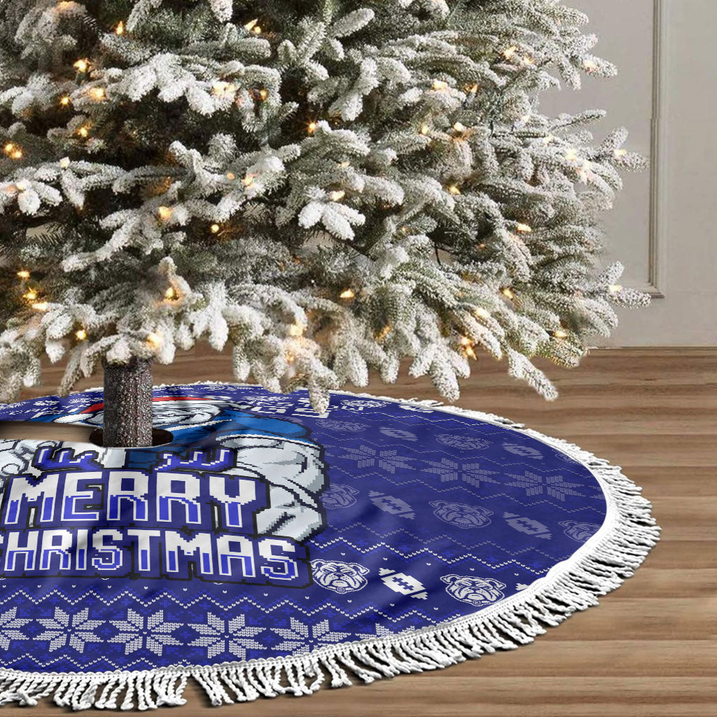 Canterbury Bulldogs Christmas Tree Skirt Australian Rugby Fans - Pixelated Ugly Xmas Pattern Mascot Santa
