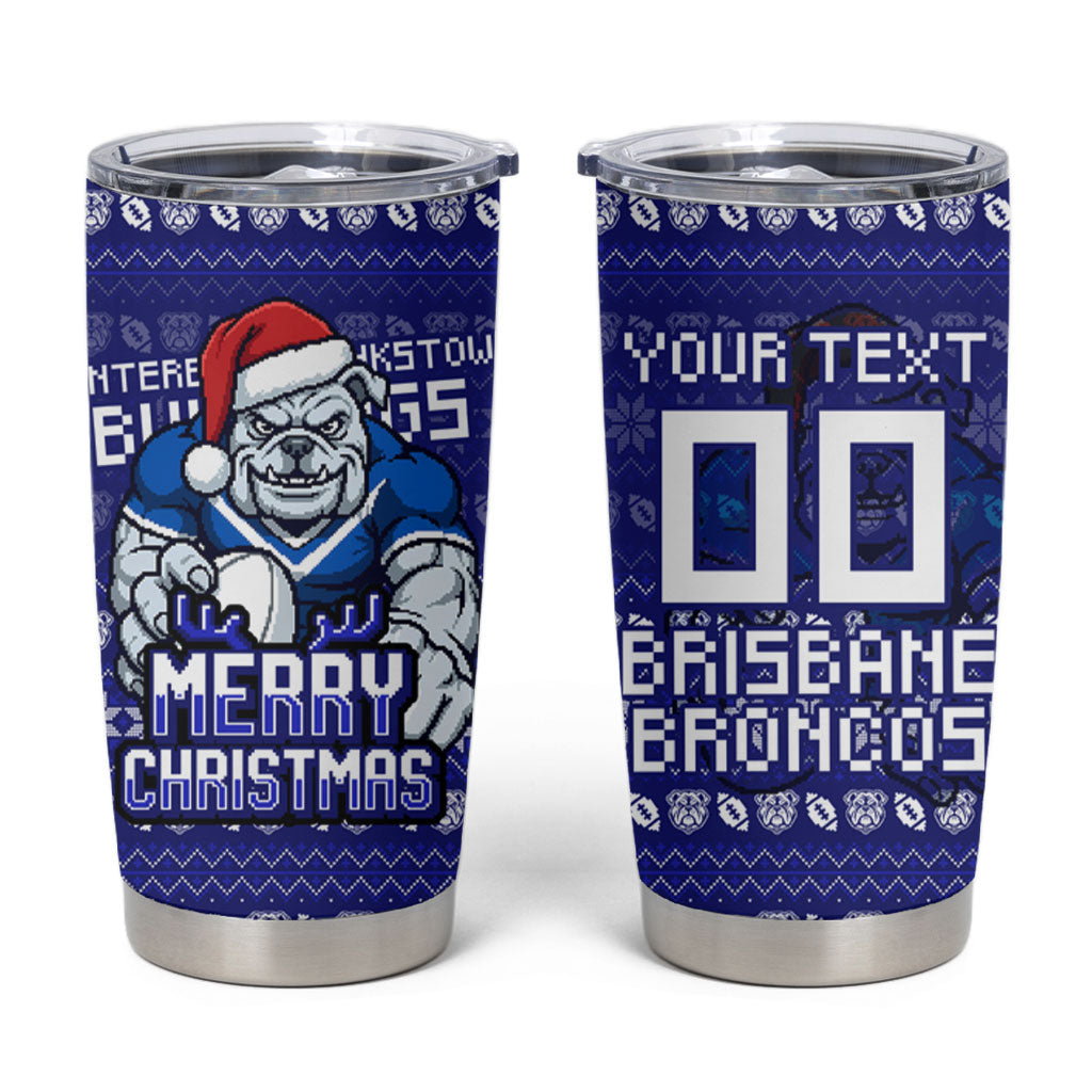 Personalized Canterbury Bulldogs Christmas Tumbler Cup Australian Rugby Fans - Pixelated Ugly Xmas Pattern Mascot Santa