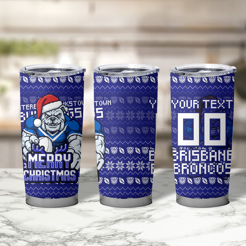 Personalized Canterbury Bulldogs Christmas Tumbler Cup Australian Rugby Fans - Pixelated Ugly Xmas Pattern Mascot Santa