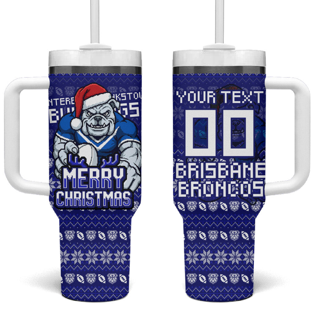 Personalized Canterbury Bulldogs Christmas Tumbler With Handle Australian Rugby Fans - Pixelated Ugly Xmas Pattern Mascot Santa