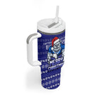 Personalized Canterbury Bulldogs Christmas Tumbler With Handle Australian Rugby Fans - Pixelated Ugly Xmas Pattern Mascot Santa