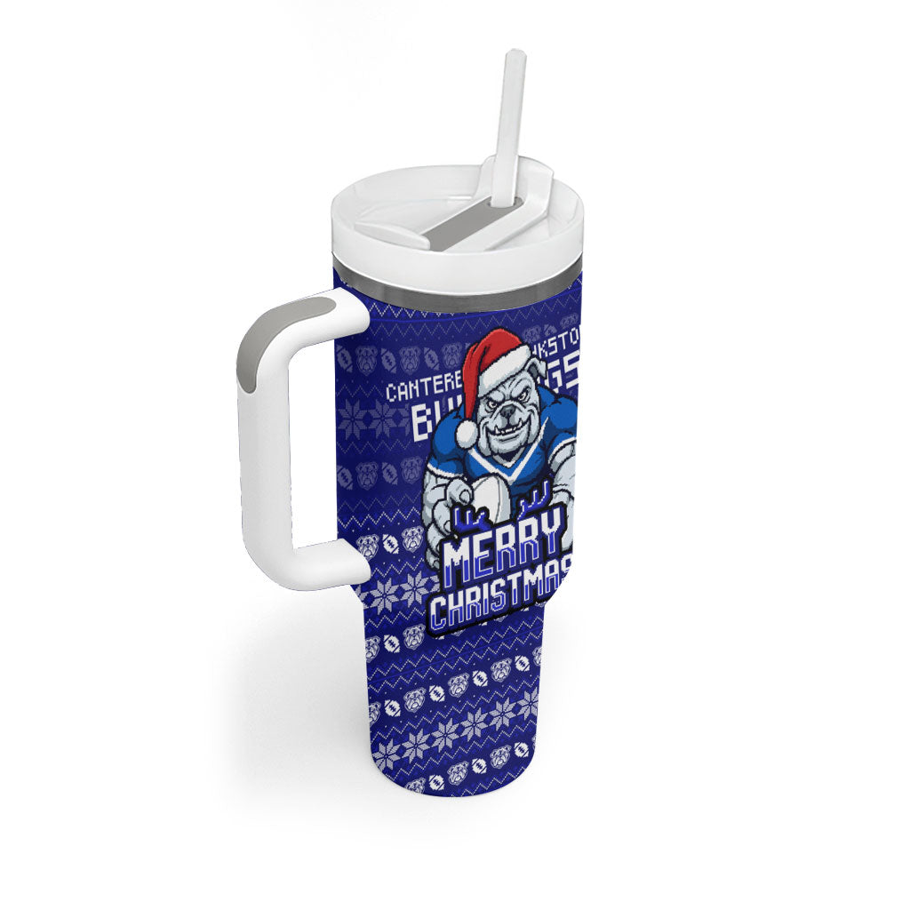 Personalized Canterbury Bulldogs Christmas Tumbler With Handle Australian Rugby Fans - Pixelated Ugly Xmas Pattern Mascot Santa