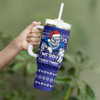 Personalized Canterbury Bulldogs Christmas Tumbler With Handle Australian Rugby Fans - Pixelated Ugly Xmas Pattern Mascot Santa