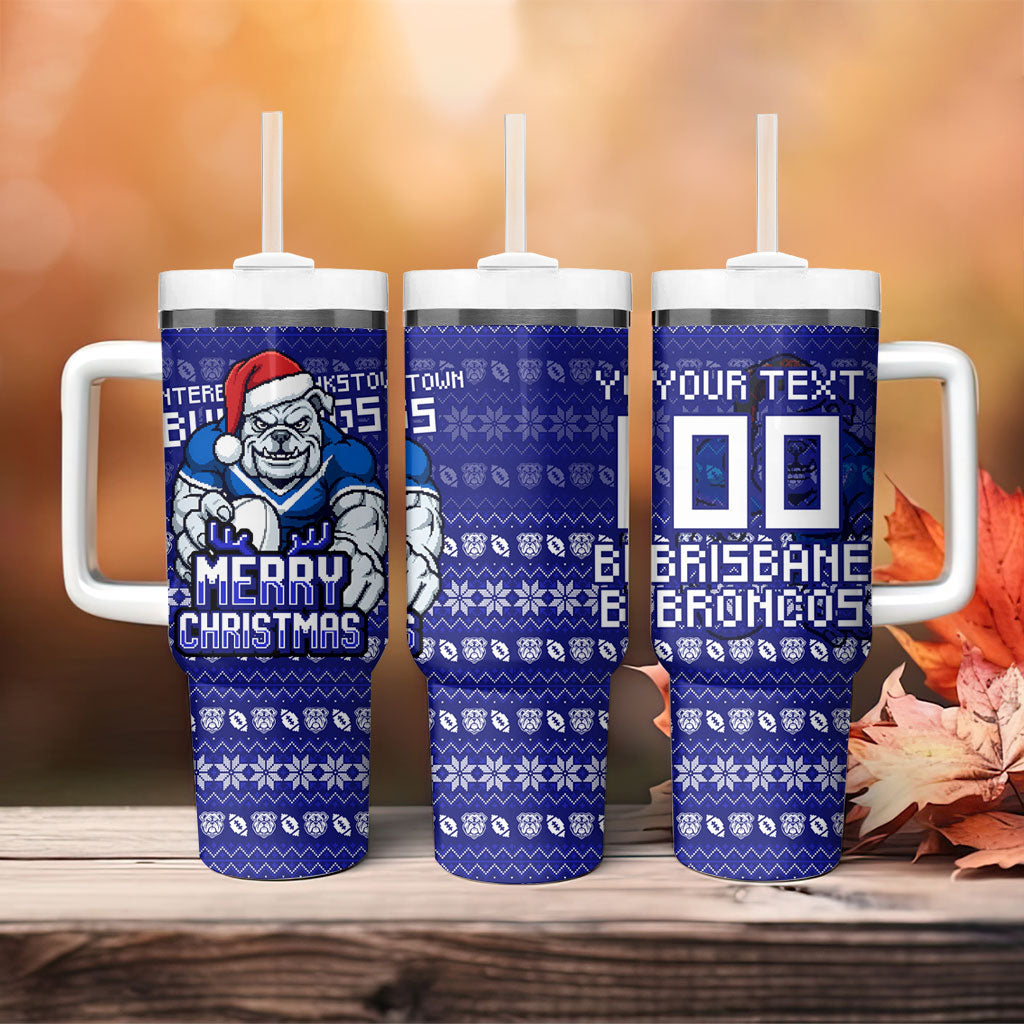 Personalized Canterbury Bulldogs Christmas Tumbler With Handle Australian Rugby Fans - Pixelated Ugly Xmas Pattern Mascot Santa