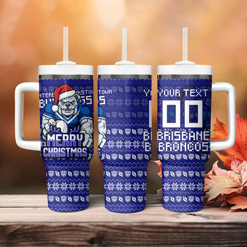 Personalized Canterbury Bulldogs Christmas Tumbler With Handle Australian Rugby Fans - Pixelated Ugly Xmas Pattern Mascot Santa