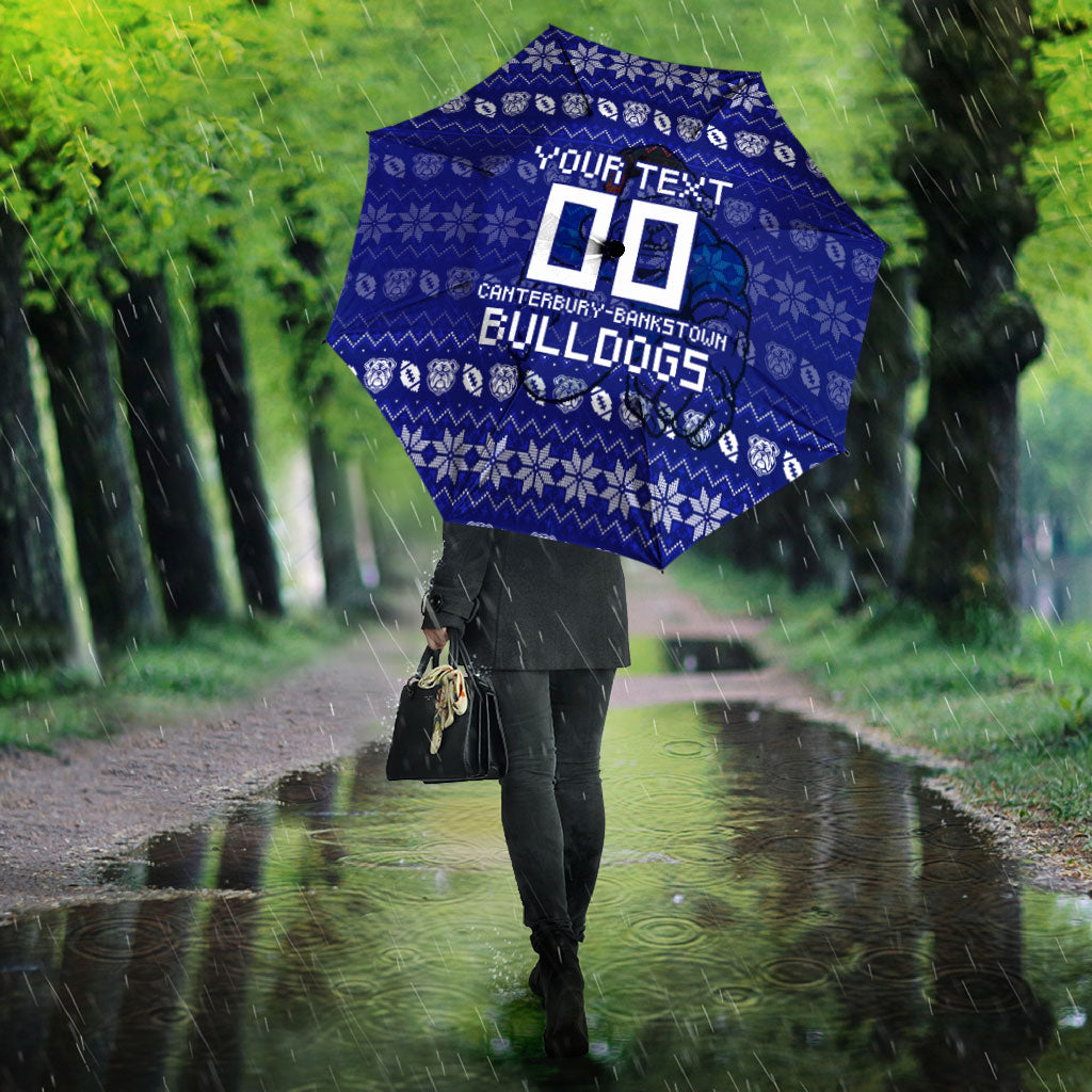 Personalized Canterbury Bulldogs Christmas Umbrella Australian Rugby Fans - Pixelated Ugly Xmas Pattern Mascot Santa
