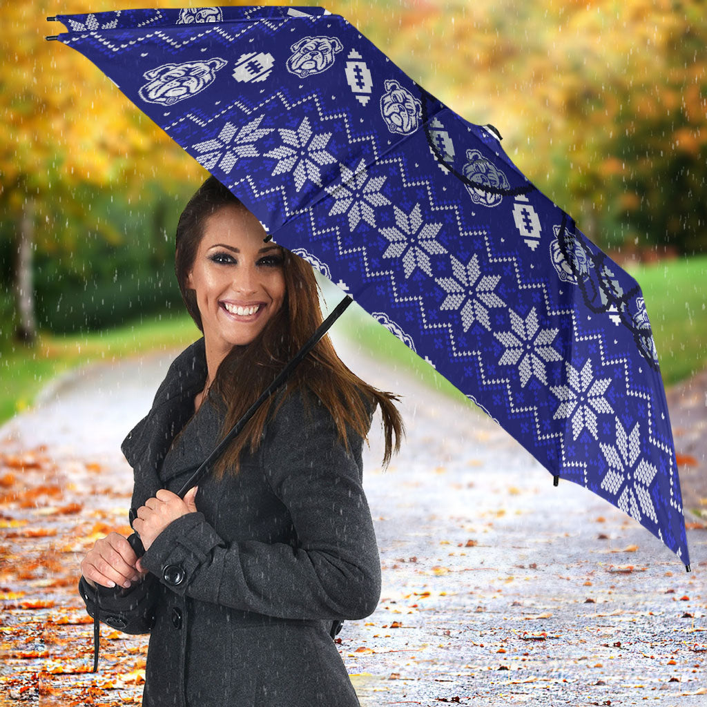 Personalized Canterbury Bulldogs Christmas Umbrella Australian Rugby Fans - Pixelated Ugly Xmas Pattern Mascot Santa