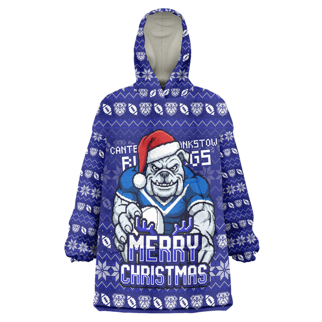 Personalized Canterbury Bulldogs Christmas Wearable Blanket Hoodie Australian Rugby Fans - Pixelated Ugly Xmas Pattern Mascot Santa