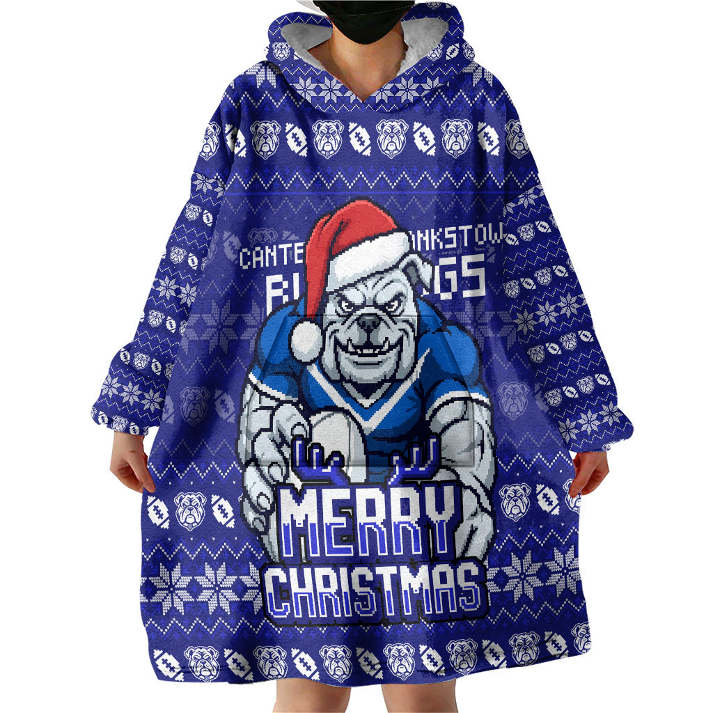 Personalized Canterbury Bulldogs Christmas Wearable Blanket Hoodie Australian Rugby Fans - Pixelated Ugly Xmas Pattern Mascot Santa