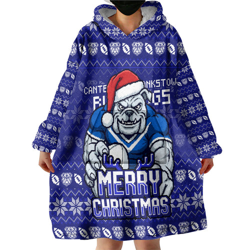 Personalized Canterbury Bulldogs Christmas Wearable Blanket Hoodie Australian Rugby Fans - Pixelated Ugly Xmas Pattern Mascot Santa