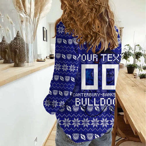 Personalized Canterbury Bulldogs Christmas Women Casual Shirt Australian Rugby Fans - Pixelated Ugly Xmas Pattern Mascot Santa