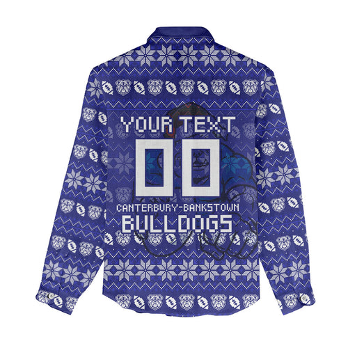 Personalized Canterbury Bulldogs Christmas Women Casual Shirt Australian Rugby Fans - Pixelated Ugly Xmas Pattern Mascot Santa