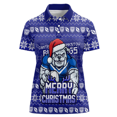 Personalized Canterbury Bulldogs Christmas Women Polo Shirt Australian Rugby Fans - Pixelated Ugly Xmas Pattern Mascot Santa