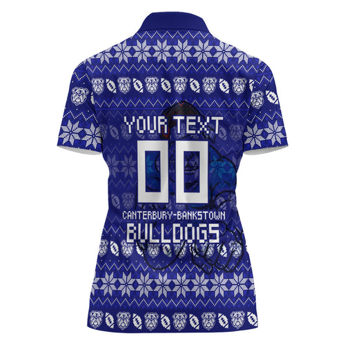 Personalized Canterbury Bulldogs Christmas Women Polo Shirt Australian Rugby Fans - Pixelated Ugly Xmas Pattern Mascot Santa