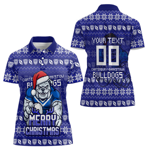 Personalized Canterbury Bulldogs Christmas Women Polo Shirt Australian Rugby Fans - Pixelated Ugly Xmas Pattern Mascot Santa