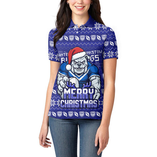 Personalized Canterbury Bulldogs Christmas Women Polo Shirt Australian Rugby Fans - Pixelated Ugly Xmas Pattern Mascot Santa