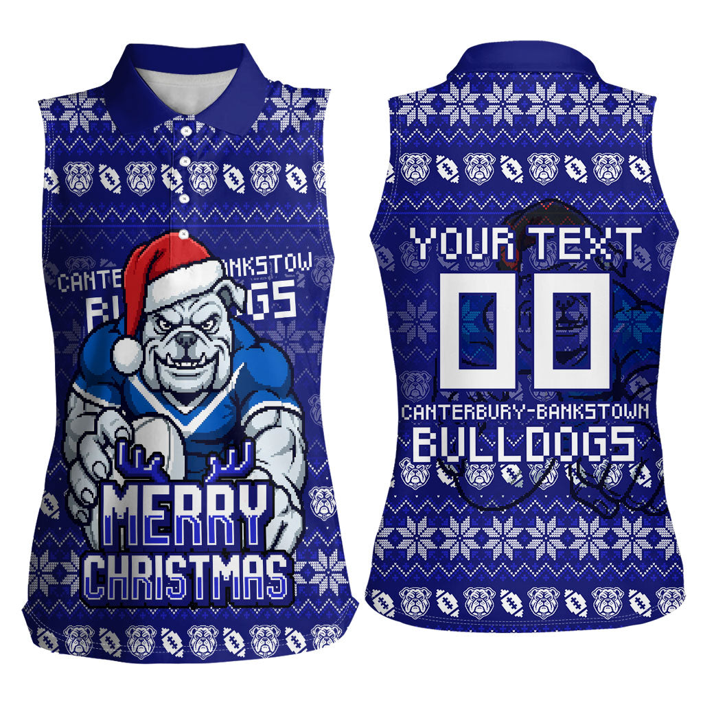 Personalized Canterbury Bulldogs Christmas Women Sleeveless Polo Shirt Australian Rugby Fans - Pixelated Ugly Xmas Pattern Mascot Santa