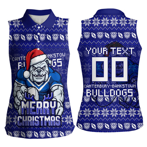 Personalized Canterbury Bulldogs Christmas Women Sleeveless Polo Shirt Australian Rugby Fans - Pixelated Ugly Xmas Pattern Mascot Santa