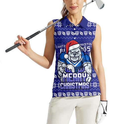Personalized Canterbury Bulldogs Christmas Women Sleeveless Polo Shirt Australian Rugby Fans - Pixelated Ugly Xmas Pattern Mascot Santa