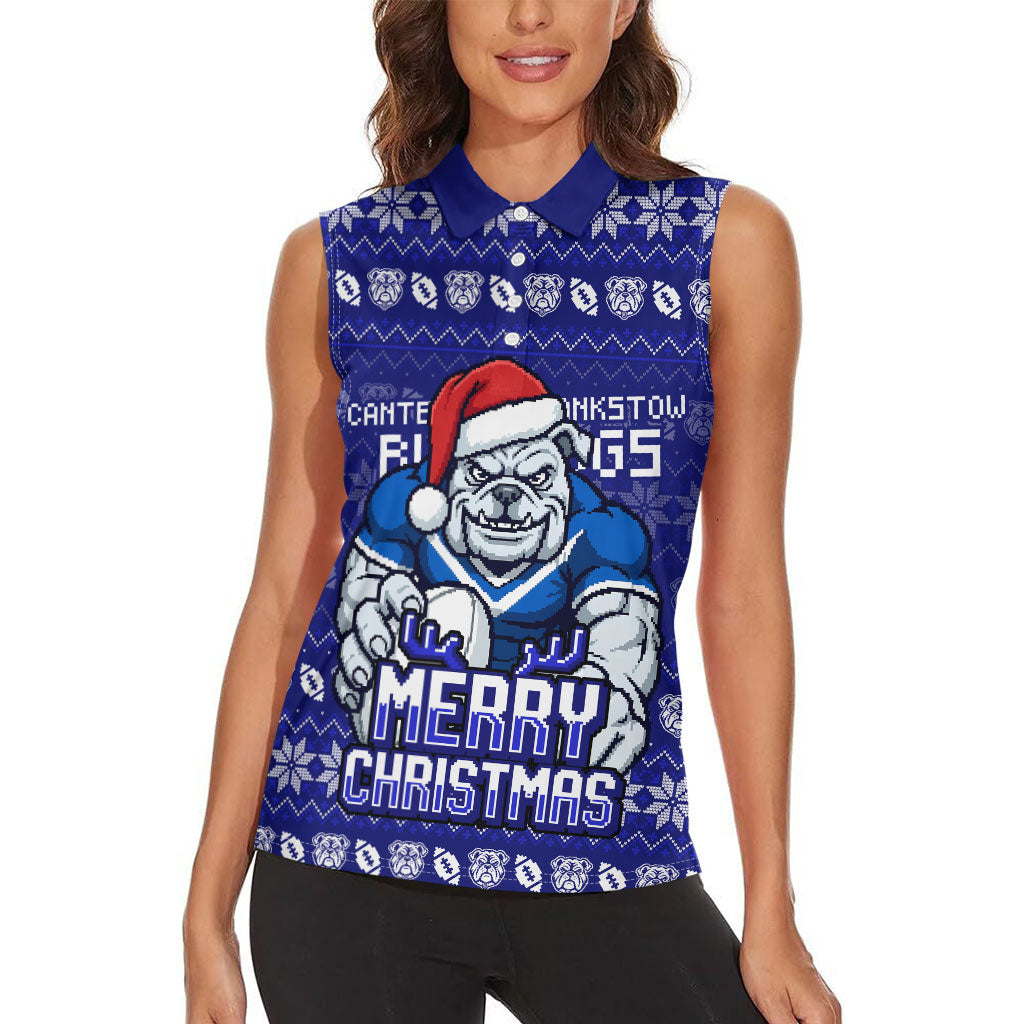 Personalized Canterbury Bulldogs Christmas Women Sleeveless Polo Shirt Australian Rugby Fans - Pixelated Ugly Xmas Pattern Mascot Santa