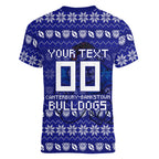 Personalized Canterbury Bulldogs Christmas Women V-Neck T-Shirt Australian Rugby Fans - Pixelated Ugly Xmas Pattern Mascot Santa