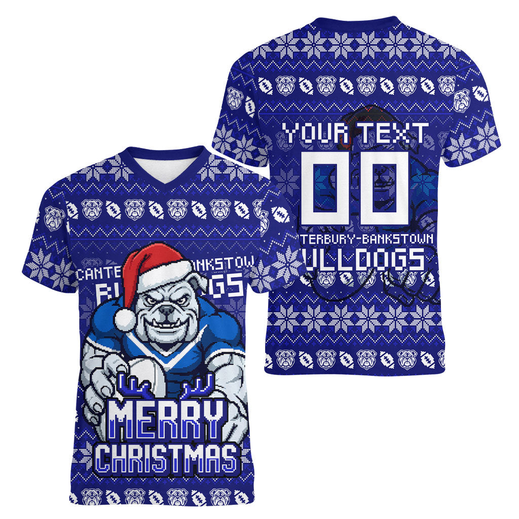 Personalized Canterbury Bulldogs Christmas Women V-Neck T-Shirt Australian Rugby Fans - Pixelated Ugly Xmas Pattern Mascot Santa