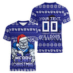 Personalized Canterbury Bulldogs Christmas Women V-Neck T-Shirt Australian Rugby Fans - Pixelated Ugly Xmas Pattern Mascot Santa