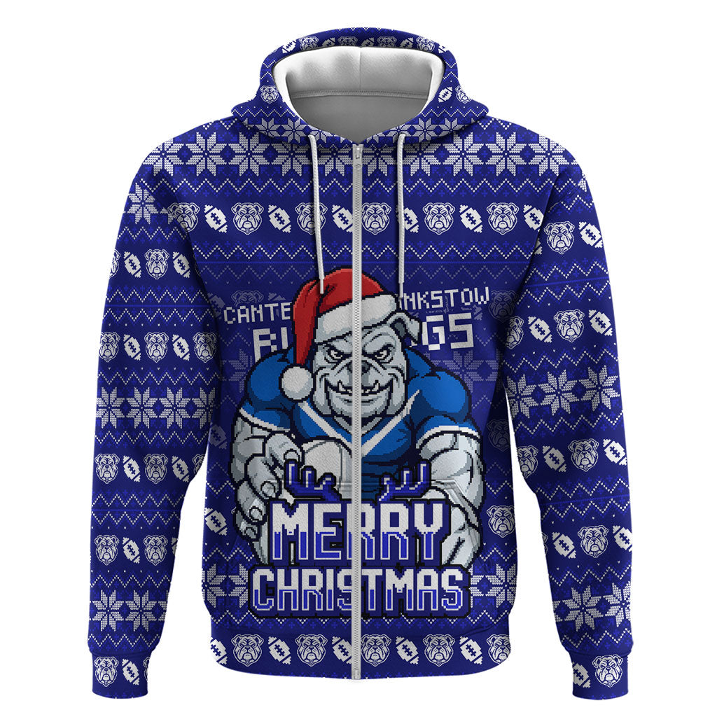 Personalized Canterbury Bulldogs Christmas Zip Hoodie Australian Rugby Fans - Pixelated Ugly Xmas Pattern Mascot Santa